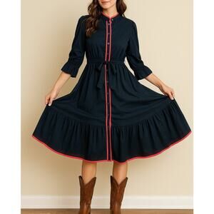 Holly Shae Catherine Woven Dress Navy Blue Pink Piping Maxi Dress Womens Large